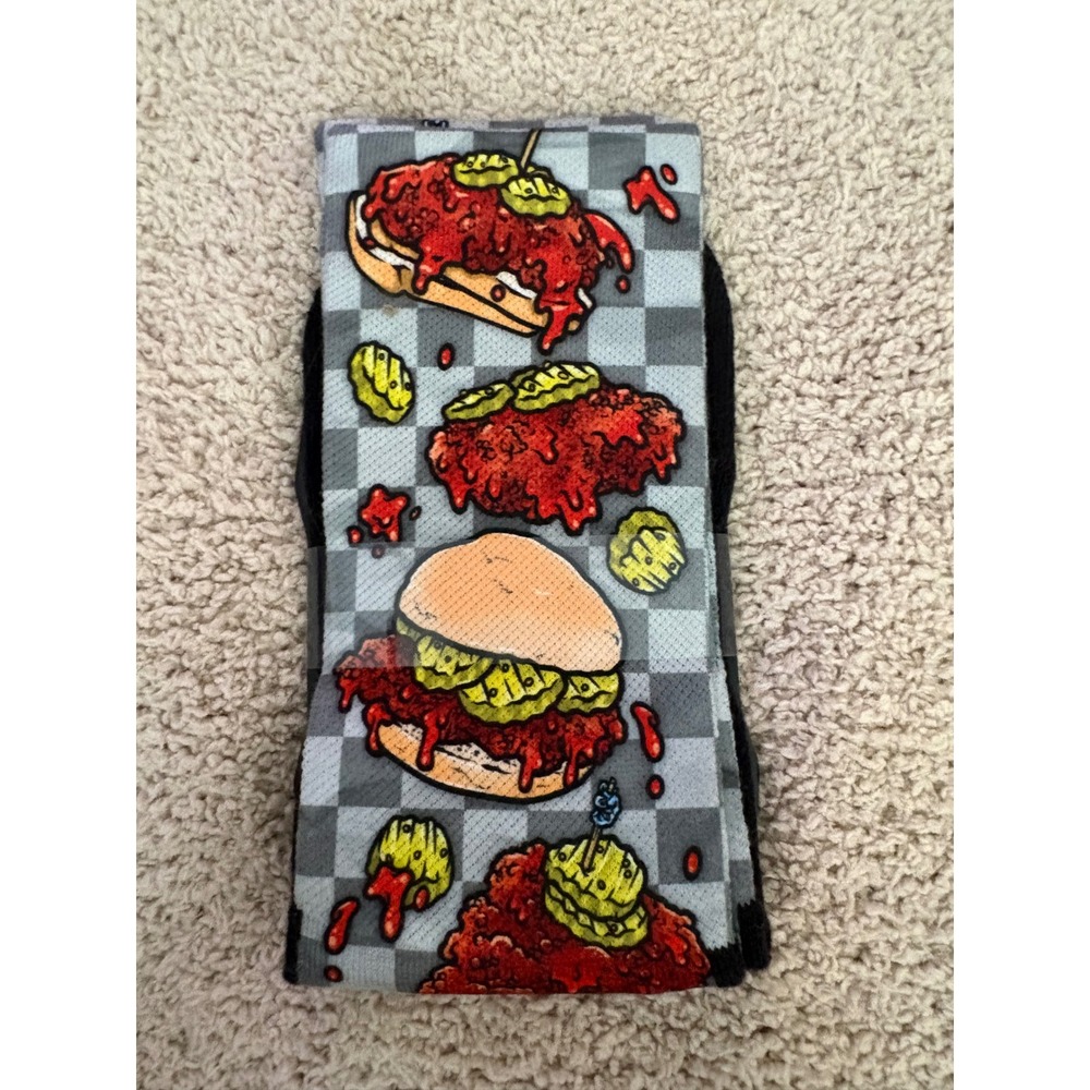 Rock Em Mens Nashville Hot Chicken Crew Socks Grey Checkered Food Print New